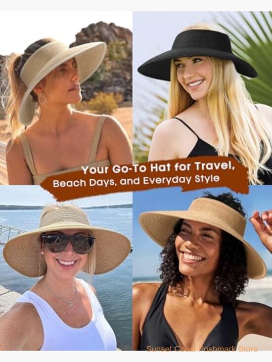 Wide Brim Straw Sun Hat UPF 50+ Packable Ponytail Design